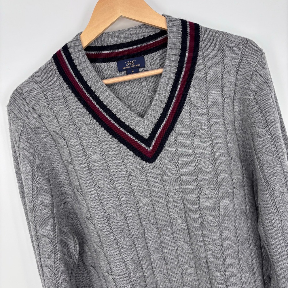 Brooks Brothers Cable Knit Tennis Sweater Mens M Grey Merino Wool Preppy